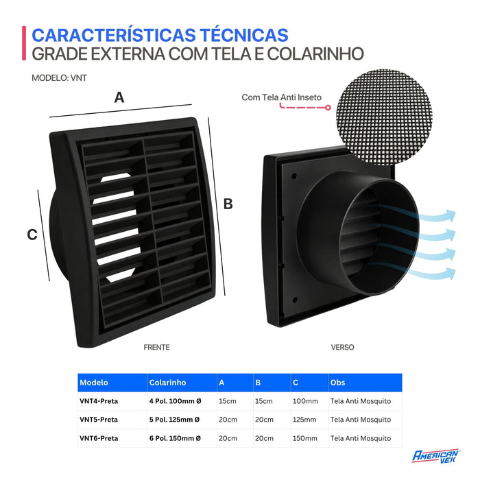 Grelha para Saída de Ar Fixa com Tela Anti Inseto e Colarinho Preto VNT6 - 6 Pol. 150mm