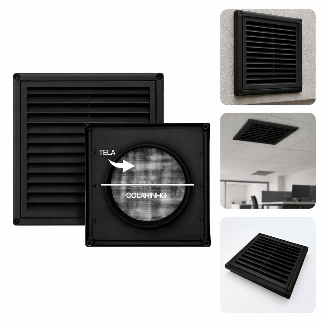 Grelha para Saída de Ar Fixa com Tela Anti Inseto e Colarinho Preto VNT6 - 6 Pol. 150mm