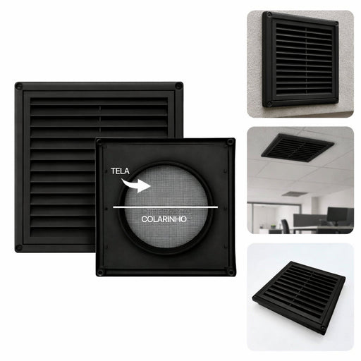 Grelha para Saída de Ar Fixa com Tela Anti Inseto e Colarinho Preto VNT6 - 6 Pol. 150mm
