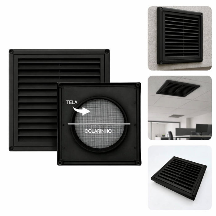 Grelha para Saída de Ar Fixa com Tela Anti Inseto e Colarinho Preto VNT6 - 6 Pol. 150mm
