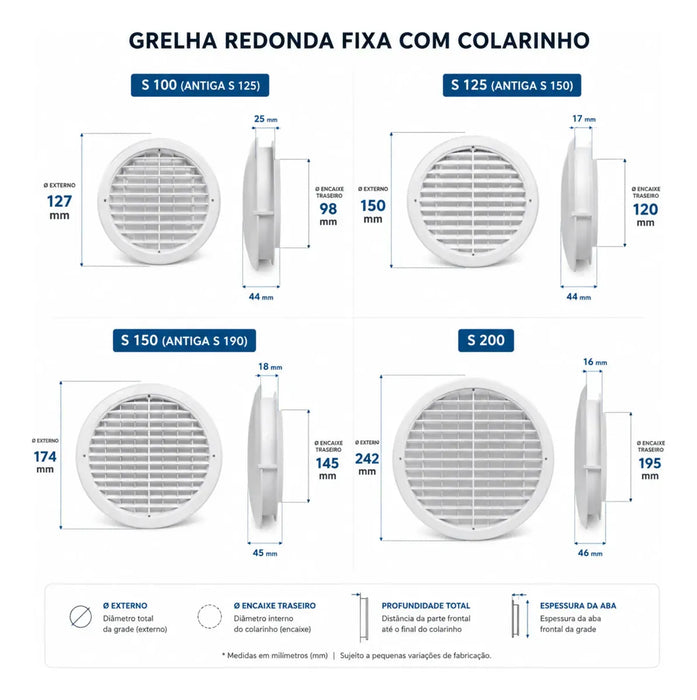 Grelha Para Saída de Ar Redonda Fixa Com Tela e Colarinho 100mm - S100
