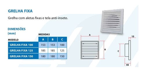 Grelha Saída De Ar Fixa Em Plástico Abs Com Tela 125mm