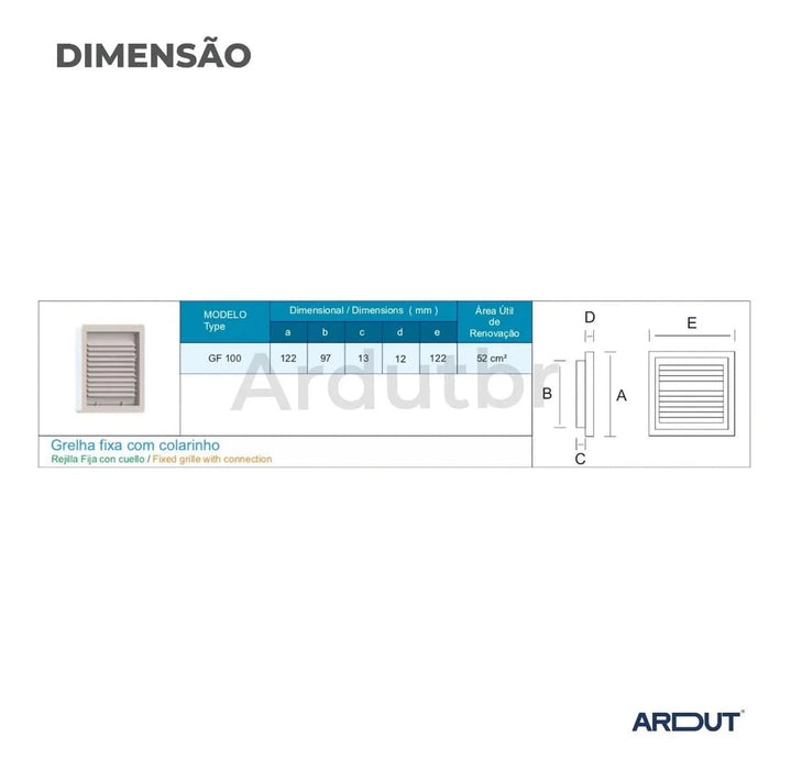 Grelha Saída de Ar Quadrada Fixa Com Colarinho 100mm Sicflux - GF100