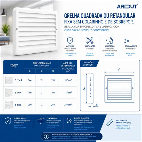 Grelha Saída e Entrada de Ar de Acabamento Quadrada Fixa de Sobrepor Sem Colarinho - 19x19
