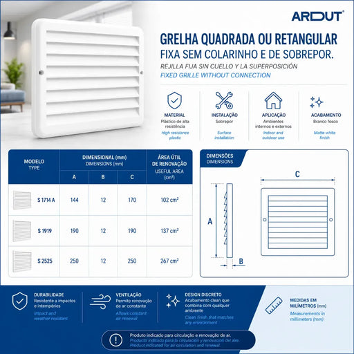 Grelha Saída e Entrada de Ar de Acabamento Quadrada Fixa de Sobrepor Sem Colarinho - 19x19