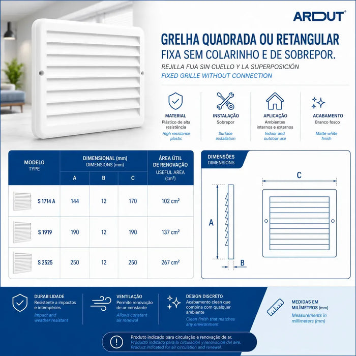 Grelha Saída e Entrada de Ar de Acabamento Quadrada Fixa de Sobrepor Sem Colarinho - 19x19