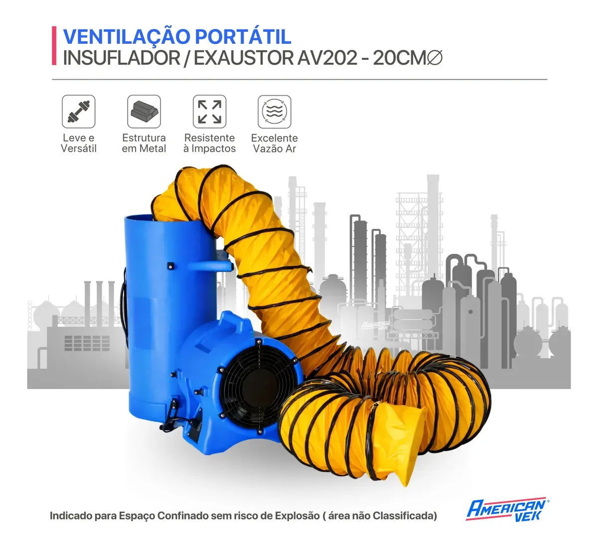 Insuflador / Exaustor 200mm Portátil Para Espaço Confinado Com Duto AV202P
