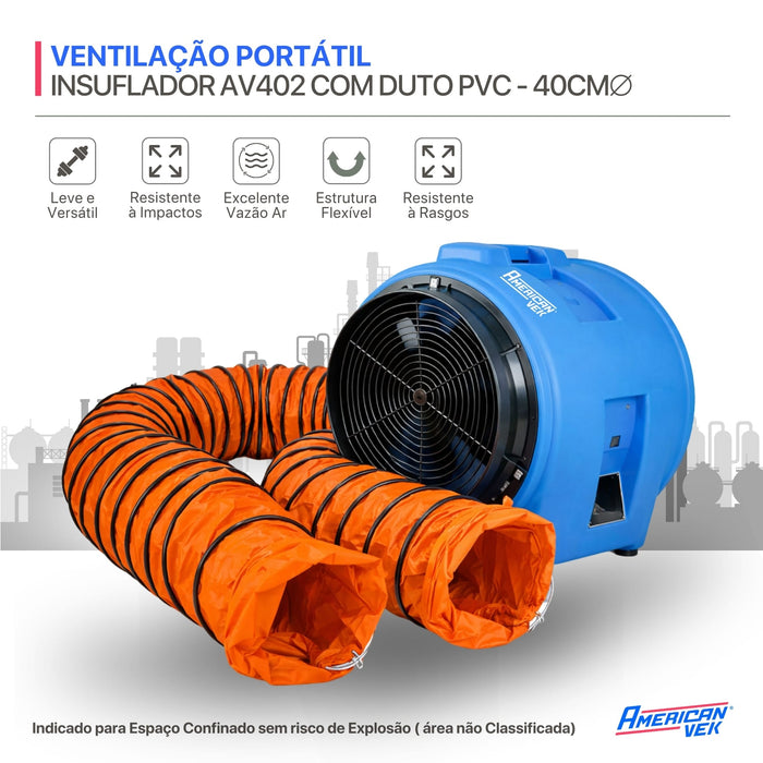 Insuflador Exaustor com Duto de PVC 10 Metros Ventilação para Espaço Confinado 40cm AV402P - Vazão 7.200m³/h