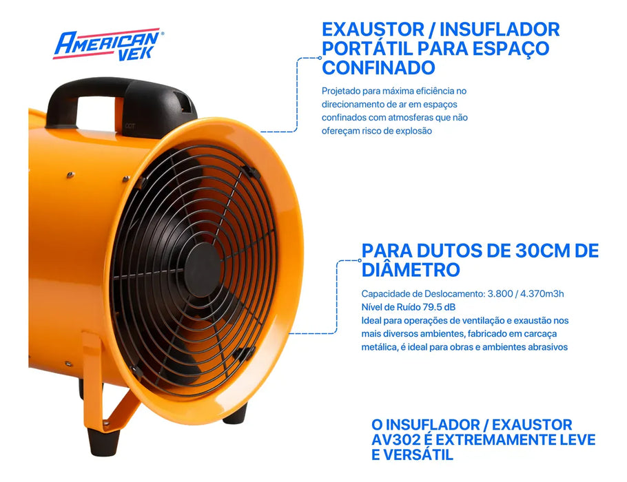 Insuflador Exaustor Industrial Portátil para Espaço Confinado 30cm AV302P - Vazão 3400m³/h
