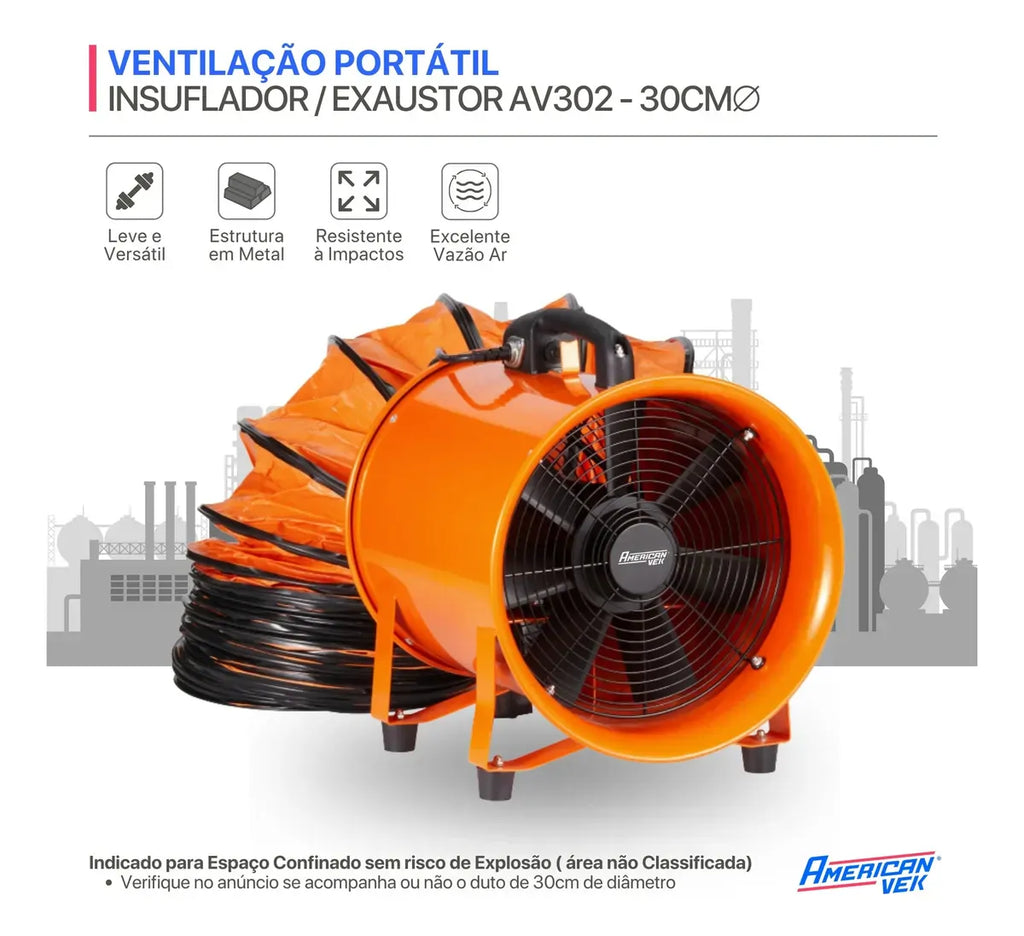 Insuflador Exaustor Industrial Portátil para Espaço Confinado 30cm com Duto de 10 Metros AV302P