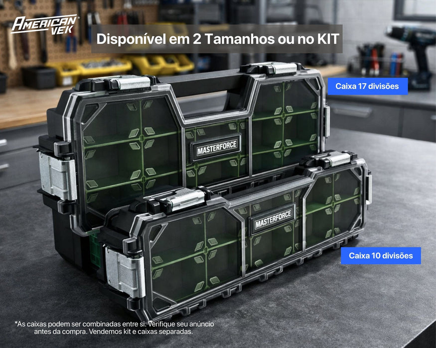 Kit 02 Caixas de Ferramentas Organizador Maleta 17 e 10 Divisórias - Tampa Transparente e Travas Metálicas