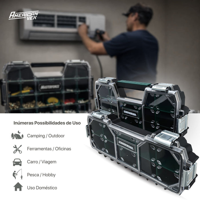 Kit 02 Caixas de Ferramentas Organizador Maleta 17 e 10 Divisórias - Tampa Transparente e Travas Metálicas