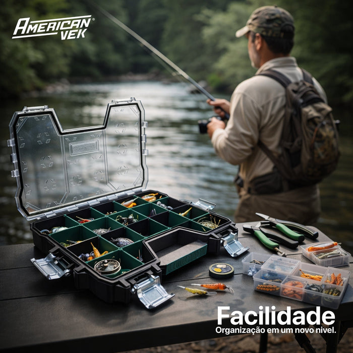 Kit 02 Caixas de Ferramentas Organizador Maleta 17 e 10 Divisórias - Tampa Transparente e Travas Metálicas