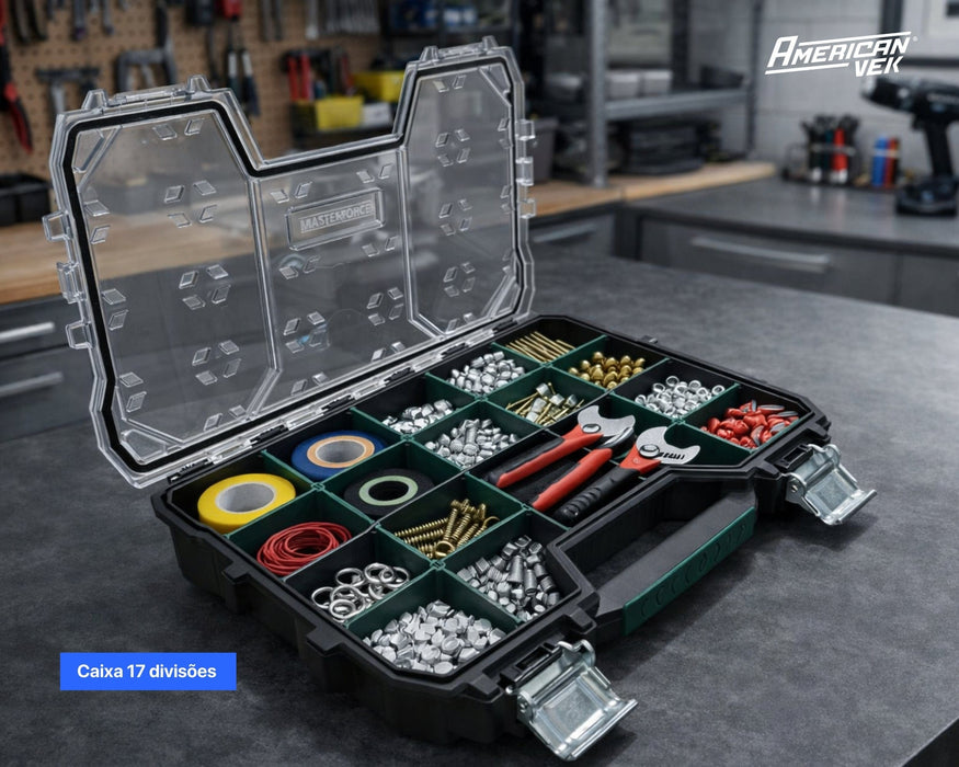 Kit 02 Caixas de Ferramentas Organizador Maleta 17 e 10 Divisórias - Tampa Transparente e Travas Metálicas