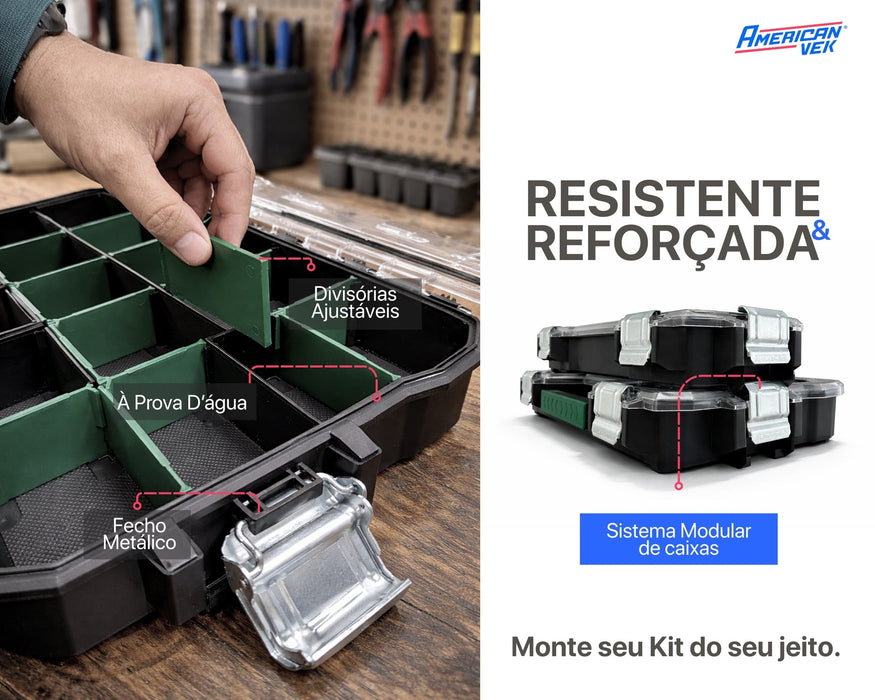 Kit 02 Caixas de Ferramentas Organizador Maleta 17 e 10 Divisórias - Tampa Transparente e Travas Metálicas