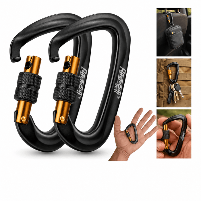 Kit 02 und Mosquetão Alumínio Fosco com Trava Rosqueável Screw Lock 12kN – Chaves, Mochila e Organização | Americanvek Preto-Gold