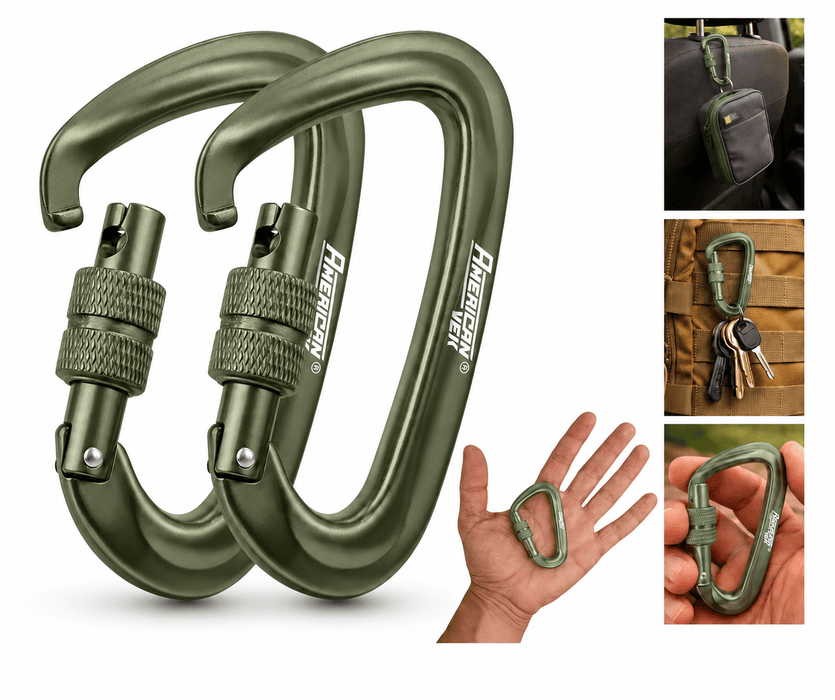 Kit 02 und Mosquetão Alumínio Fosco com Trava Rosqueável Screw Lock 12kN – Chaves, Mochila e Organização | Americanvek Verde-Militar