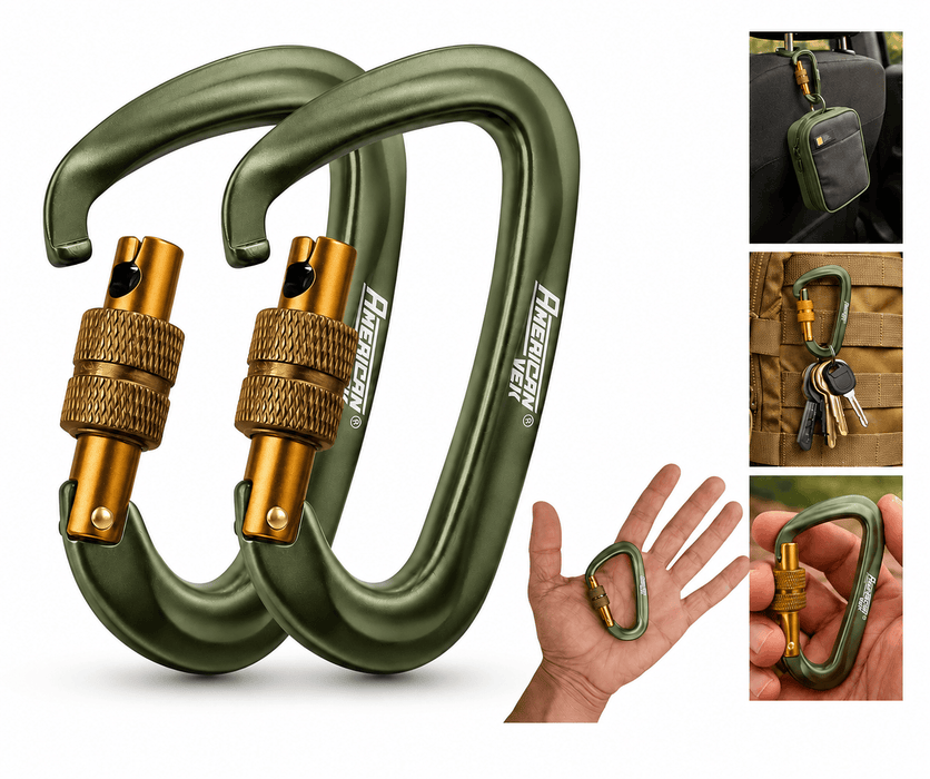 Kit 02 und Mosquetão Alumínio Fosco com Trava Rosqueável Screw Lock 12kN – Chaves, Mochila e Organização | Americanvek Verde-Militar-Gold