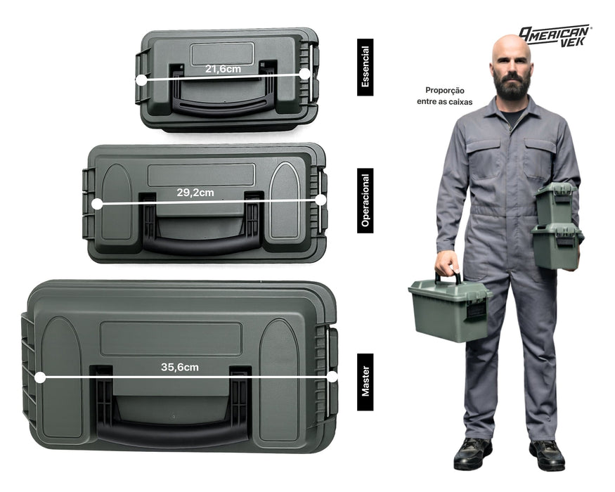 Kit 3 Caixas Organizadoras Estanques MASTER 25,8L com Bandeja AMMO – Plástico ABS Reforçado, Vedação e Fecho Metálico Cinza