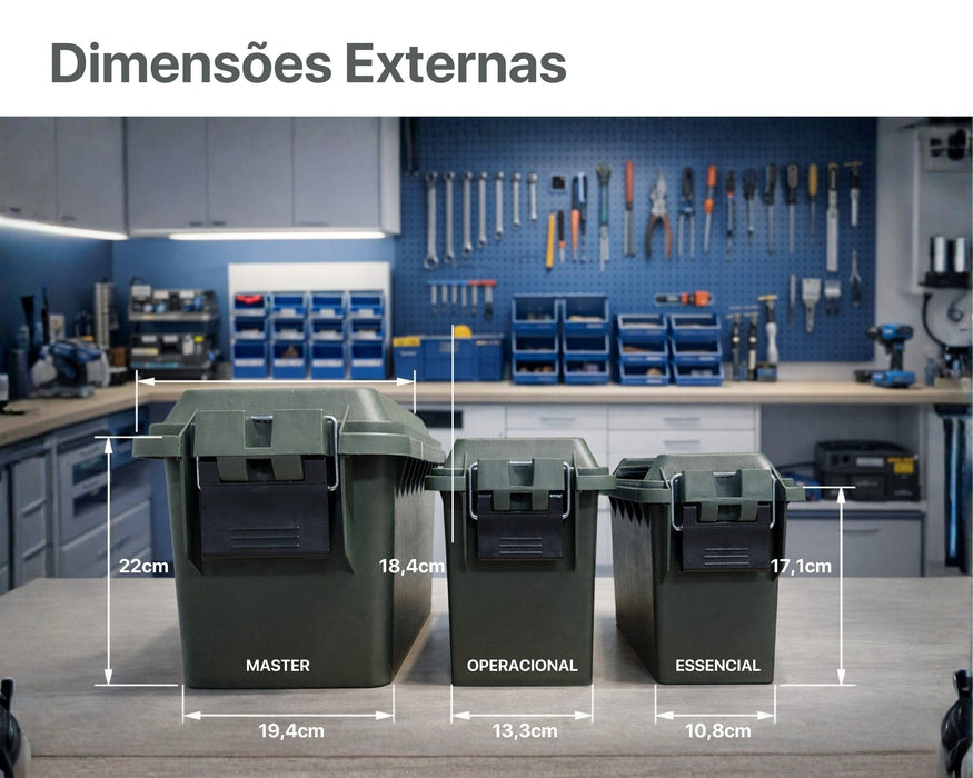 Kit 3 Caixas Organizadoras Estanques MASTER 25,8L com Bandeja AMMO – Plástico ABS Reforçado, Vedação e Fecho Metálico Cinza