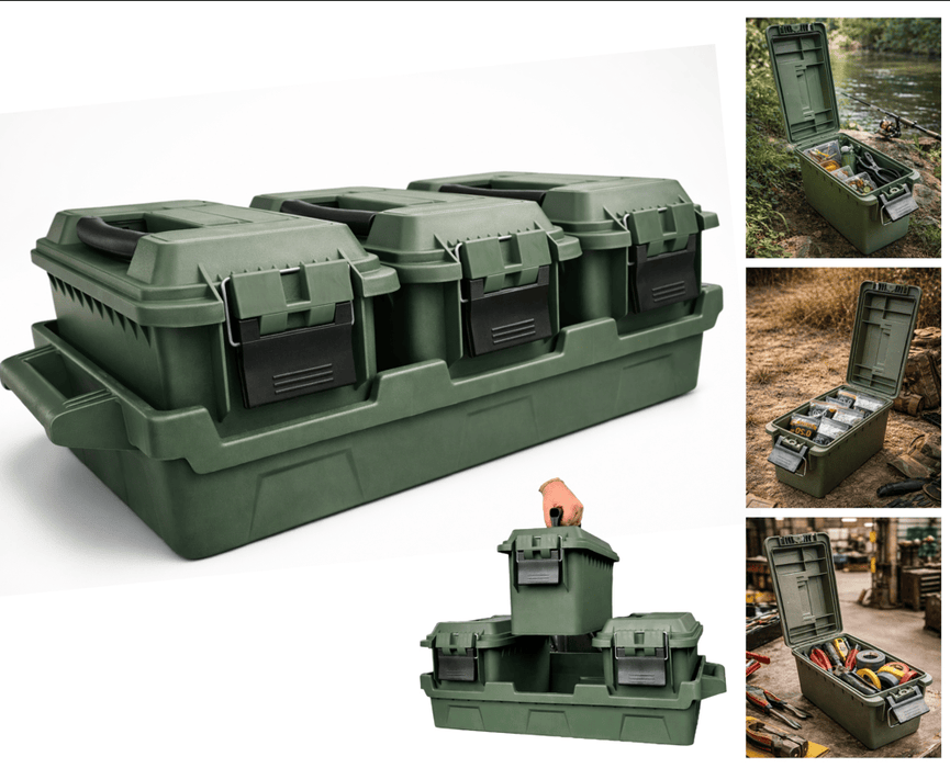 Kit 3 Caixas Organizadoras Estanques Medium 15,2L com Bandeja AMMO – Plástico ABS Reforçado, Vedação e Fecho Metálico Cinza