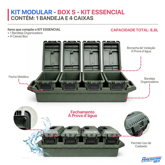 Kit 4 Caixas Organizadoras Estanques ESSENCIAL 8,8L AMMO – Plástico ABS Reforçado, Vedação e Fecho Metálico Verde