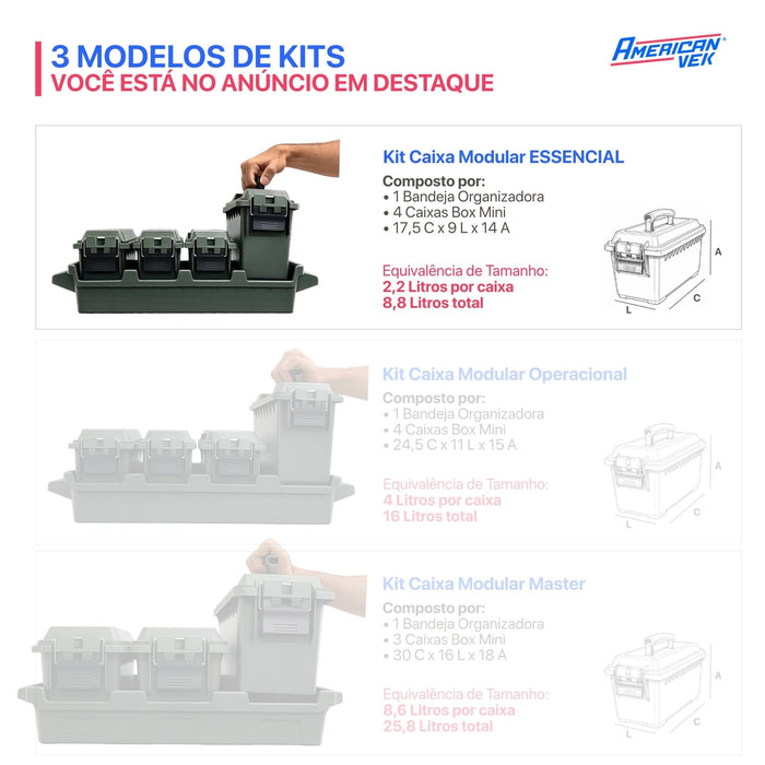 Kit 4 Caixas Organizadoras Estanques ESSENCIAL 8,8L AMMO – Plástico ABS Reforçado, Vedação e Fecho Metálico Verde