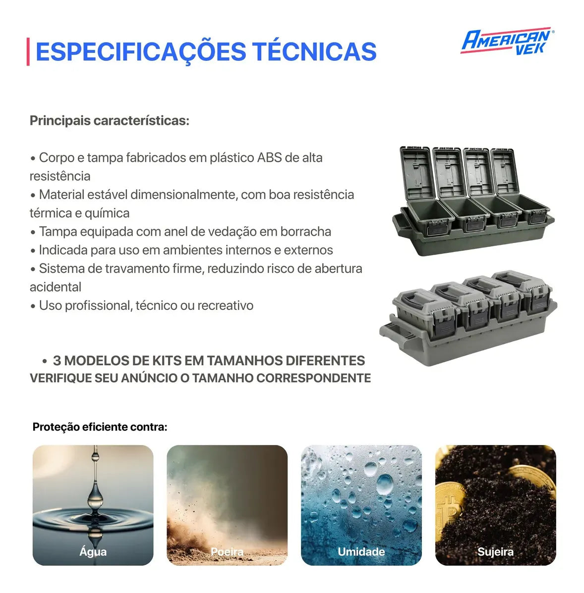 Kit 4 Caixas Organizadoras Estanques Mini 4L com Bandeja AMMO – Plástico ABS Reforçado, Vedação e Fecho Metálico Cinza