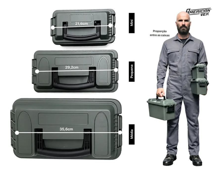 Kit 4 Caixas Organizadoras Estanques Mini 4L com Bandeja AMMO – Plástico ABS Reforçado, Vedação e Fecho Metálico Cinza