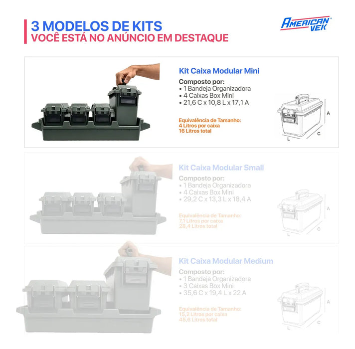 Kit 4 Caixas Organizadoras Estanques Mini 4L com Bandeja AMMO – Plástico ABS Reforçado, Vedação e Fecho Metálico Cinza