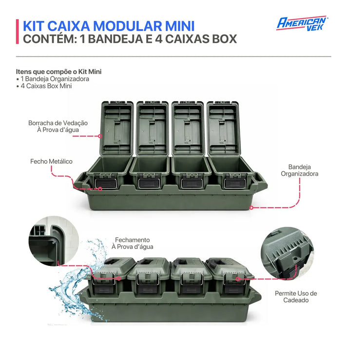 Kit 4 Caixas Organizadoras Estanques Mini 4L com Bandeja AMMO – Plástico ABS Reforçado, Vedação e Fecho Metálico Cinza