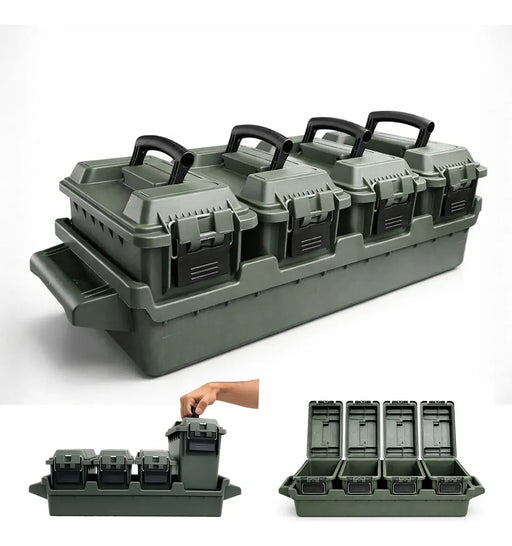 Kit 4 Caixas Organizadoras Estanques Mini 4L com Bandeja AMMO – Plástico ABS Reforçado, Vedação e Fecho Metálico Cinza