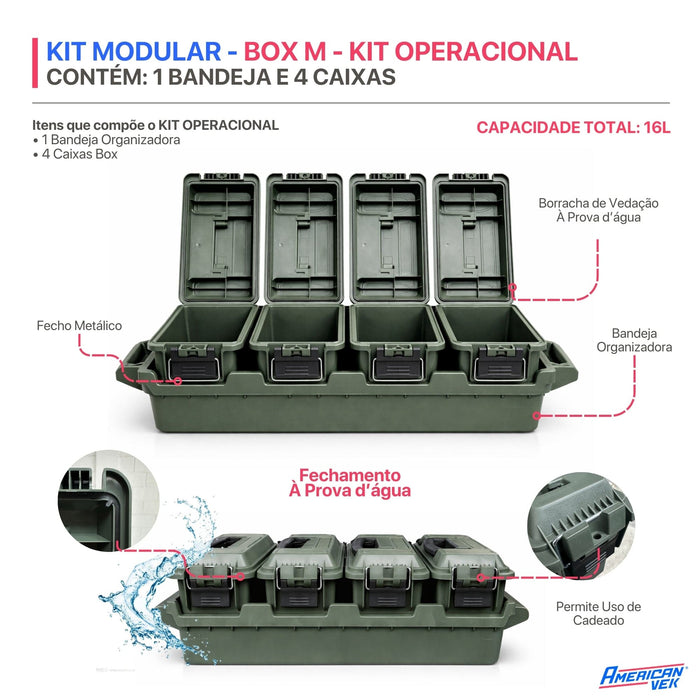 Kit 4 Caixas Organizadoras Estanques Operacional 16L com Bandeja AMMO – Plástico ABS Reforçado, Vedação e Fecho Metálico Verde