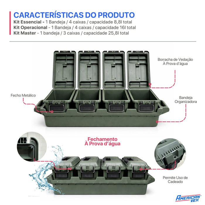 Kit 4 Caixas Organizadoras Estanques Operacional 16L com Bandeja AMMO – Plástico ABS Reforçado, Vedação e Fecho Metálico Verde