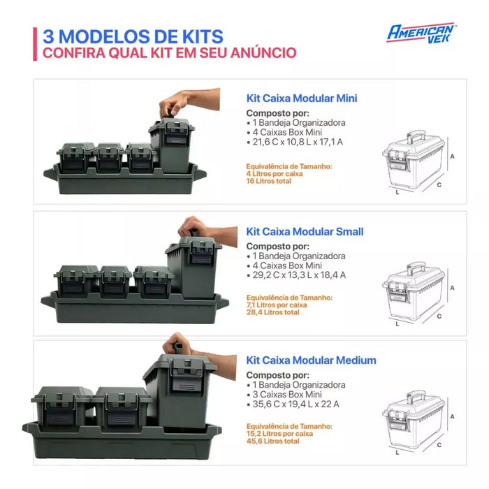 Kit 4 Caixas Organizadoras Estanques Small 7,1L com Bandeja AMMO – Plástico ABS Reforçado, Vedação e Fecho Metálico Cinza