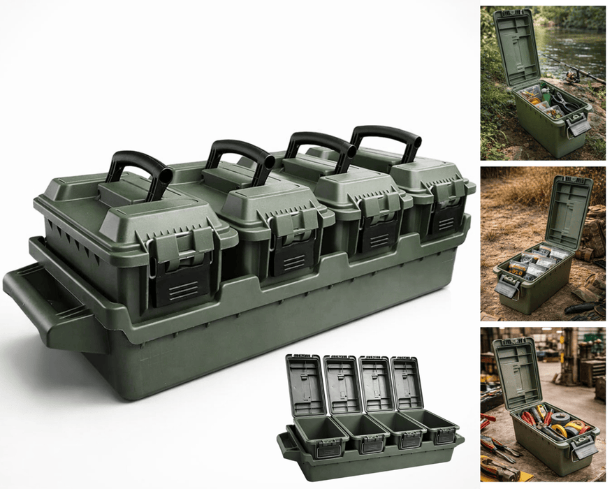 Kit 4 Caixas Organizadoras Estanques Small 7,1L com Bandeja AMMO – Plástico ABS Reforçado, Vedação e Fecho Metálico Cinza