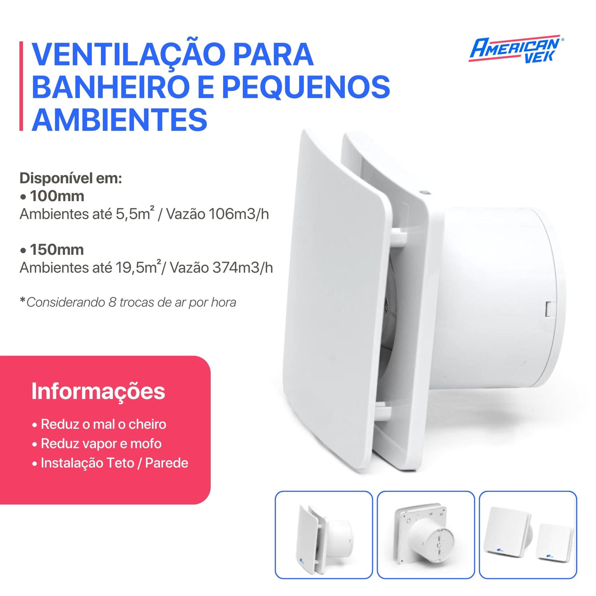 Kit Exaustor Banheiro 100mm - New Muro Plus - Duto, Abraçadeiras e Grade - (Vazão 106m³/h)