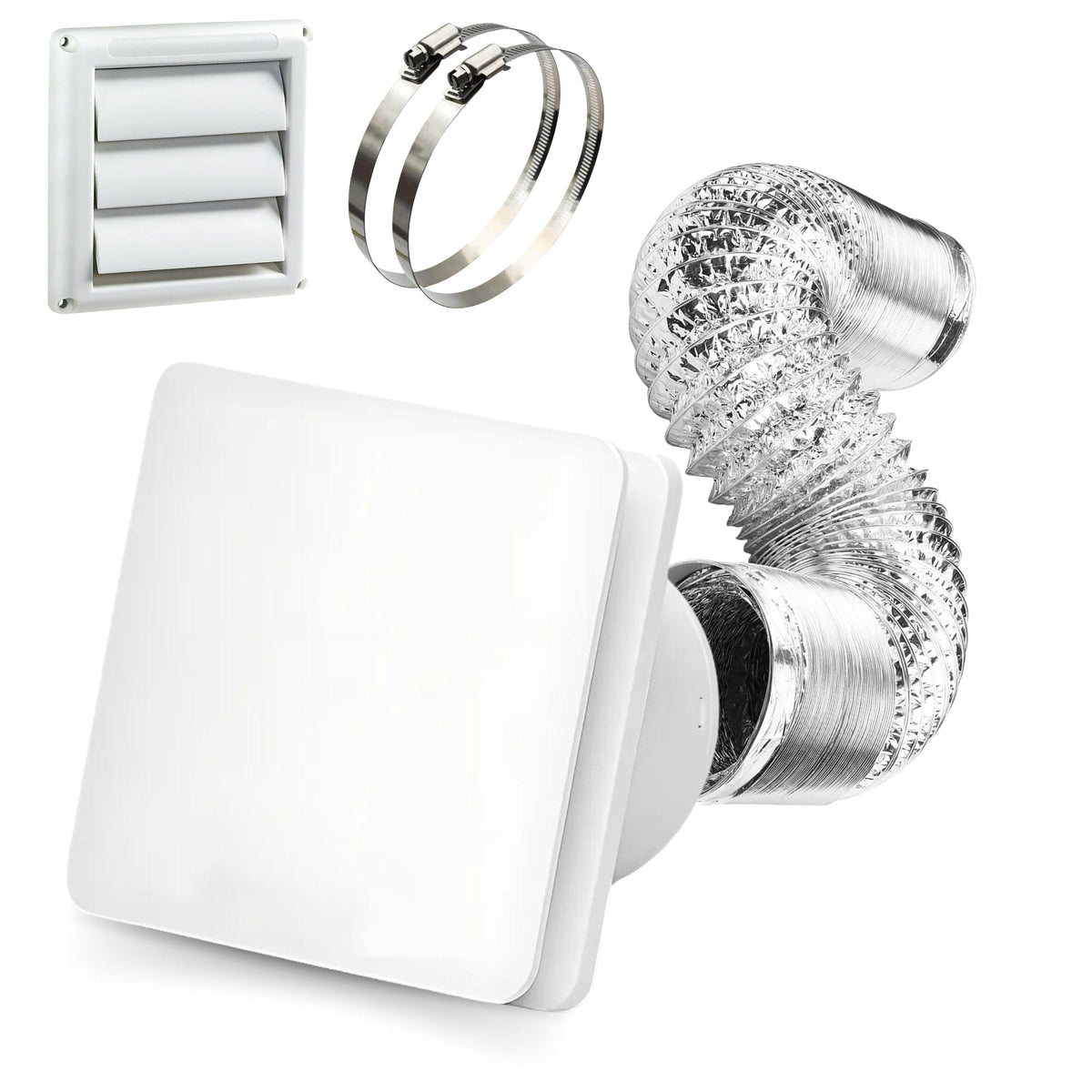Kit Exaustor Banheiro 150mm - New Muro Plus - Duto, Abraçadeiras e Grade (Vazão 368m³/h)