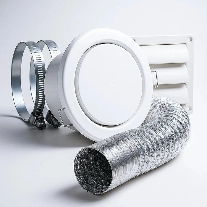 Kit Instalação Exaustor Banheiro 100mm - Muro Style - Duto, Abraçadeiras e Grade - Vazão (60m³/h)