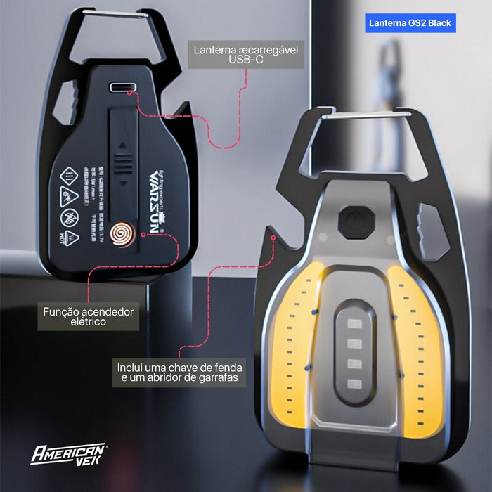 Lanterna Chaveiro LED Multifuncional WARSUN G2S 400 Lúmens Recarregável USB-C com Imã e Acendedor