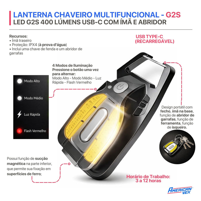 Lanterna Chaveiro LED Multifuncional WARSUN G2S 400 Lúmens Recarregável USB-C com Imã e Acendedor