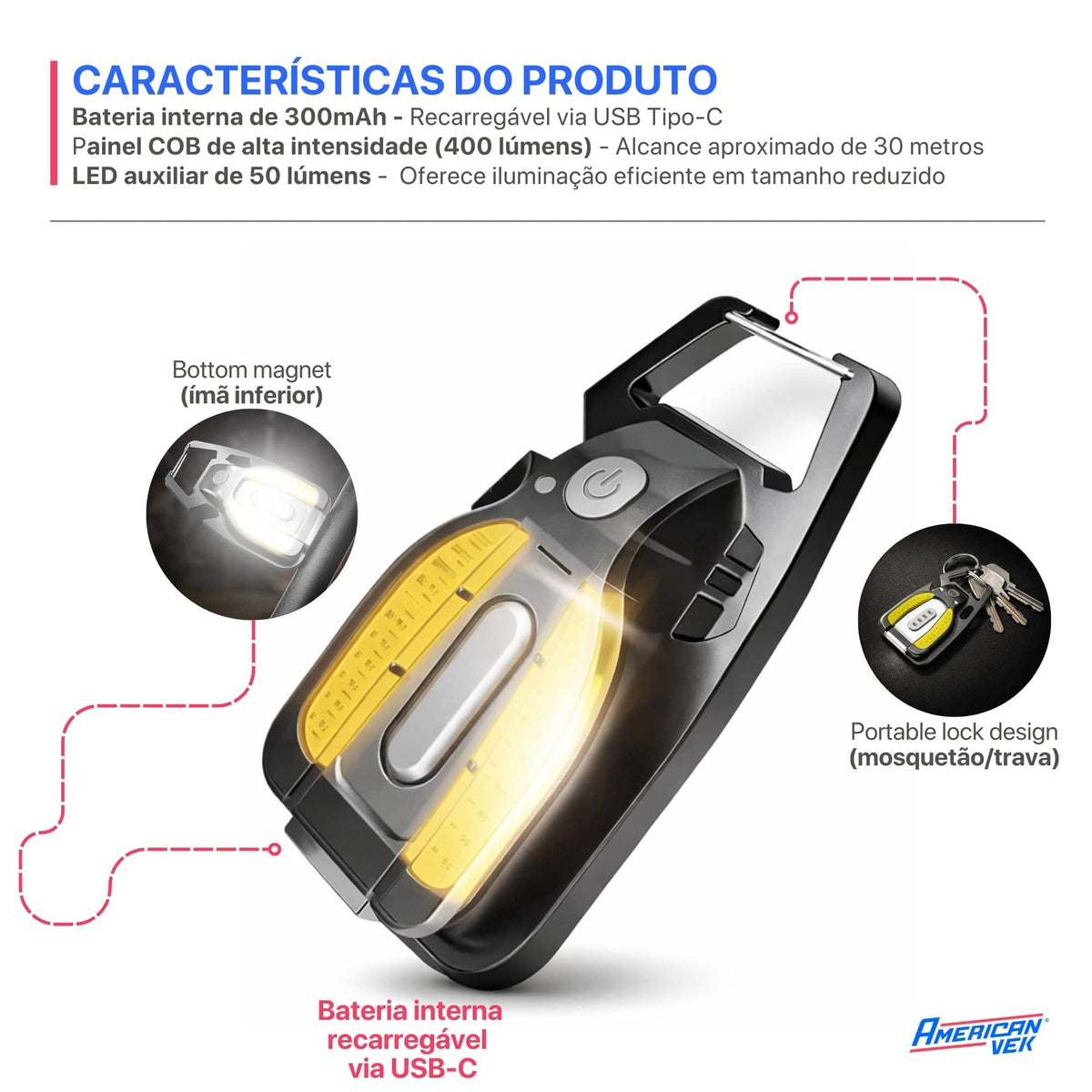Lanterna Chaveiro LED Multifuncional WARSUN G2S 400 Lúmens Recarregável USB-C com Imã e Acendedor
