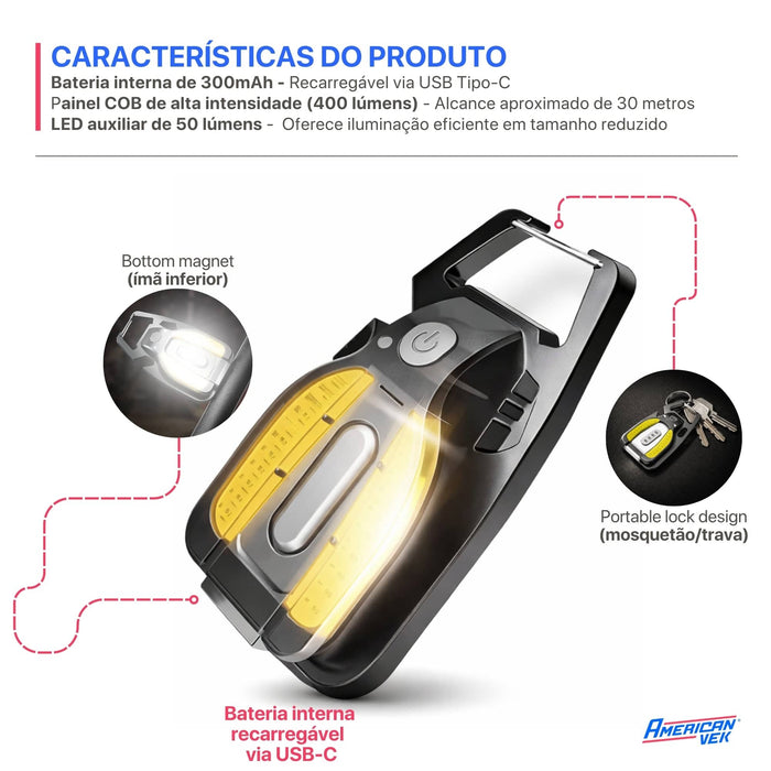 Lanterna Chaveiro LED Multifuncional WARSUN G2S 400 Lúmens Recarregável USB-C com Imã e Acendedor