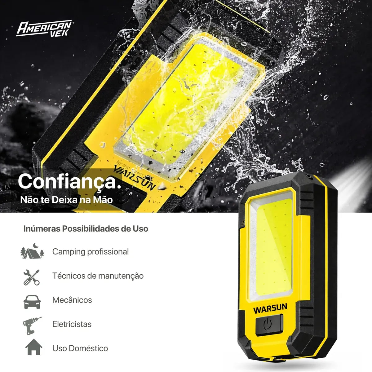 Lanterna de Trabalho LED WARSUN Y36 1000 Lúmens Recarregável com Imã, Gancho e Suporte Ajustável