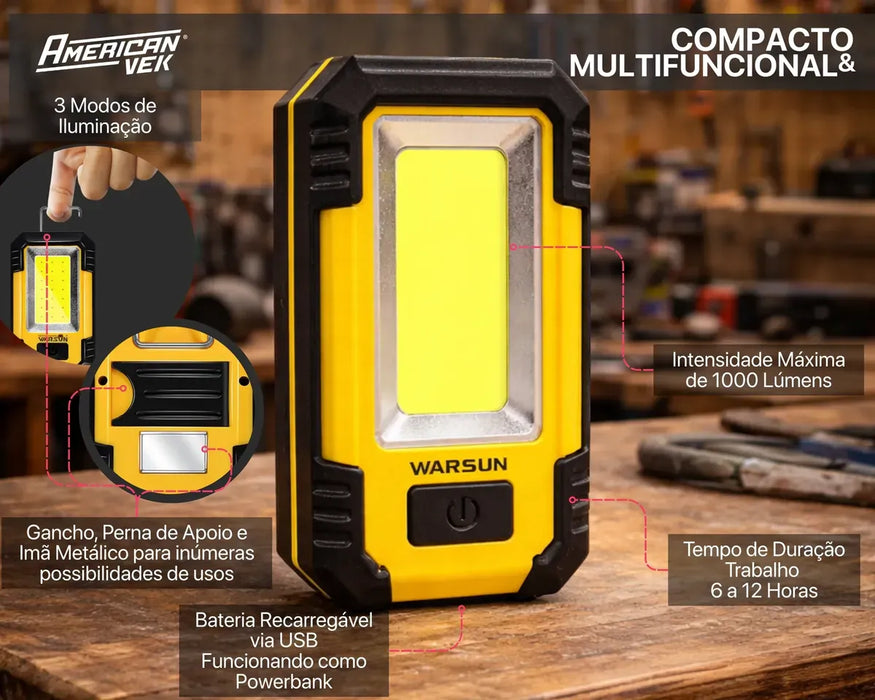 Lanterna de Trabalho LED WARSUN Y36 1000 Lúmens Recarregável com Imã, Gancho e Suporte Ajustável