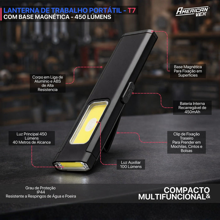 Lanterna de Trabalho Portátil WSE5 / T7 LED COB 450 Lúmens Recarregável USB-C com Base Magnética e Presilha
