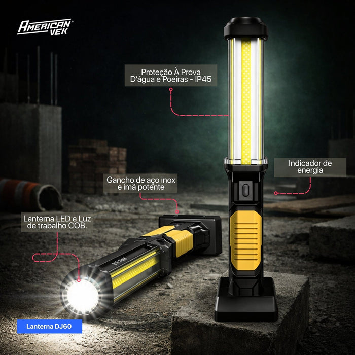 Lanterna LED de Trabalho Magnética WARSUN DJ60 1500 Lúmens Recarregável USB-C com Gancho e Power Bank