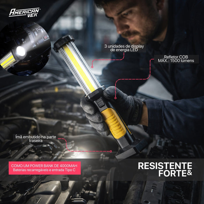 Lanterna LED de Trabalho Magnética WARSUN DJ60 1500 Lúmens Recarregável USB-C com Gancho e Power Bank