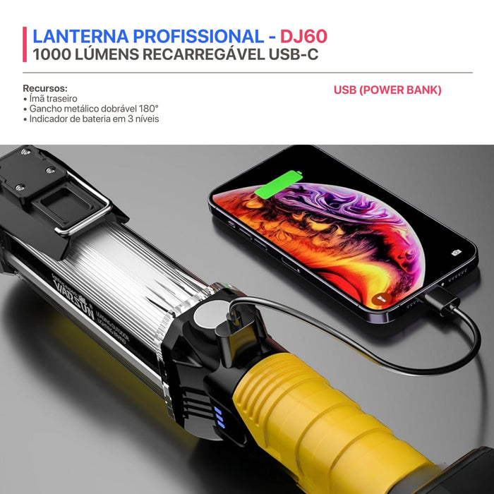 Lanterna LED de Trabalho Magnética WARSUN DJ60 1500 Lúmens Recarregável USB-C com Gancho e Power Bank