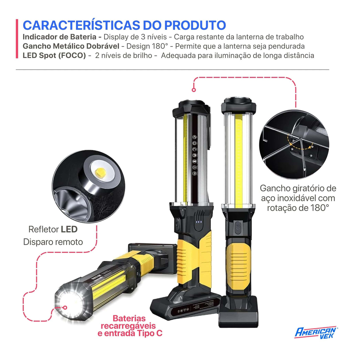 Lanterna LED de Trabalho Magnética WARSUN DJ60 1500 Lúmens Recarregável USB-C com Gancho e Power Bank